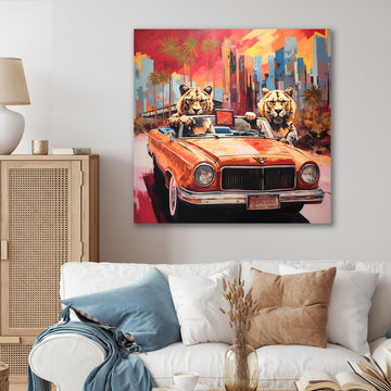 Lions riding in convertible - Lion Large Canvas Wall Art